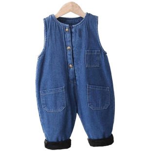 Boys' fleece-lined Strb Pants Autumn and Winter Children's Jeans Warm Western Style Women's Baby Winter Thickened Cotton Pants with Open Crotch