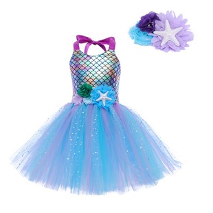 European and American New Mermaid Dress Flower Starfish Ariel Princess Dress Mesh Tutu Dress Dance Performance Dress
