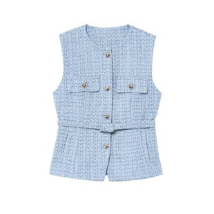 Belt Jewelry Beaded Slub Vest 2025 Spring European and American Elegant Metal Button Sleeveless Round Neck Slim-fit Coat for Women