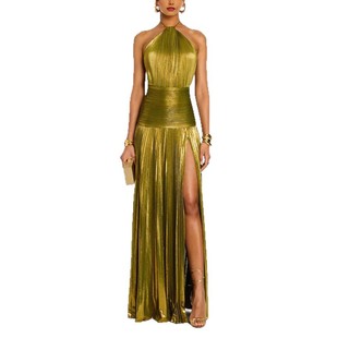 Amazon Independent Station European and American Women's Metallic Pleated Split Lace-up Neck dress Sleeveless Backless 8155
