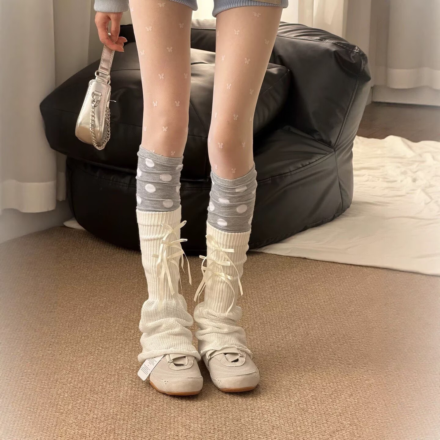 Ballet-Style Lace-Up Stacked Socks for Women, Korean-Style Knitted Long Socks, Slimming Split Leg Warmers, Solid Color Versatile Socks