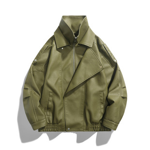 New Cross-border Two-open Bomber Jacket Foreign Trade Men's Spring and Autumn Live Top Leather Clothes Casual Multi-bag Leather Jacket