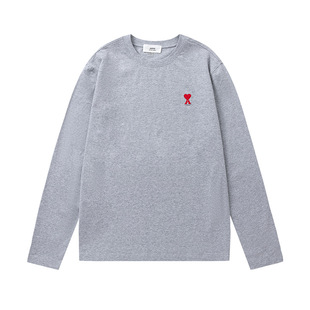 cloTTy Team Same STyle for Men and Women 24 Spring and Summer Red HearT Embroider CoTTon Casual Round Neck Long-sleeved T-shirT Top