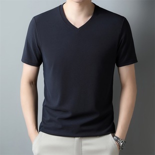 2024 Summer New V-neck Short-sleeved T-shirt Men's Thin Casual Chicken Heart Collar Solid Color Short-sleeved T-shirt Men's Top Batch