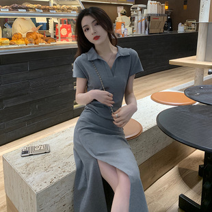 Gray Polo Collar Dress for Women Summer 2025 New Style Waist Slimming Look Elegant Super Nice Slit T-Shirt Long Skirt