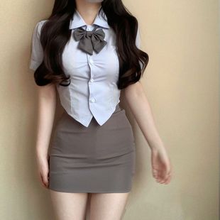 Korean Short Shirt Hip Skirt Niche Pure Desire Jk School Style Sexy Skirt Waist Shirt Short-Sleeved Suit for Women