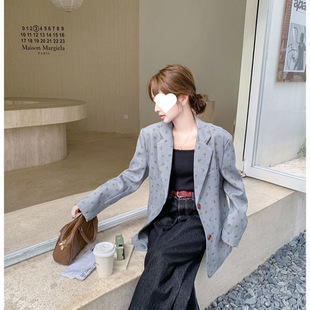 [Simple lip bag decoration] gray floral suit jacket women's spring and autumn 2025 new high-end Korean style design