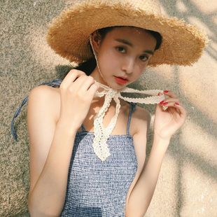 Summer travel big eaves hand-woven straw hat sunshade sweet lace beach sun hat children's room