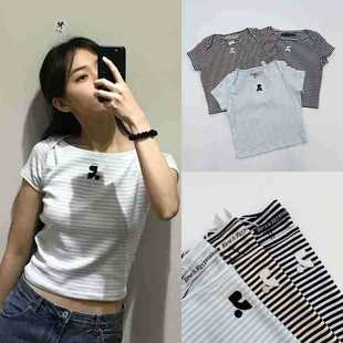 in stock real shot 25 new color matching striped off-shoulder short short sleeve T-shirt