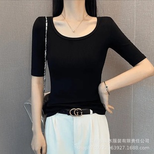 [Live Exclusive] Threaded Round Neck Mid-Sleeve T-Shirt Women's Spring and Summer Slim Fit Half Sleeve Base Shirt with Half Sleeve