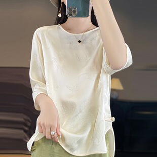 Silk Satin 2024 Summer Women's New Round Neck Short Elegant Dark Flower Large Size Short Sleeve All-match T-shirt Top