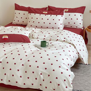 New Ins Style Girl Heart Love Pure Cotton Embroidered Four-piece Set Simple Bed Sheet Quilt Cover Three Four-piece Set Bedding