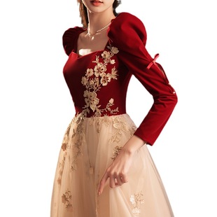 Toast Dress Bridal Banquet Elegant 2024 New Long Sleeve Engagement Dress Mesh Slimming Evening Dress for Petite
