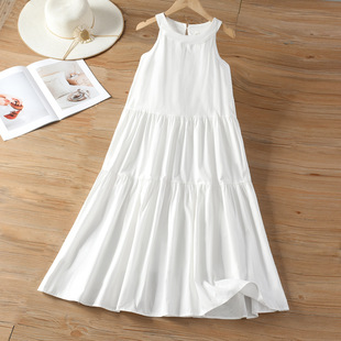 Salty and Sweet French Style White Sleeveless Neck Vest Dress New Summer Women's Laid-back Round Neck Over-the-Knee dress