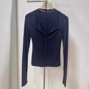 Niche Design Two-Wearing Button Placket Tencel Wool Knitted Long Sleeve Two-breasted Button T-shirt