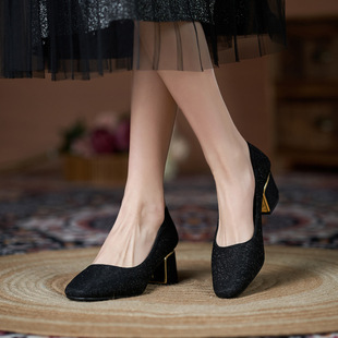 2023 New All-match Sequin Square Thick Heel High-heeled Shoes Large Size Plus Size Widened Small Size Single-layer Shoes Shallow Mouth Elegant