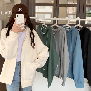 Korean Style Loose BF Style Long Sleeve Cardigan Hooded Sweater Casual Jacket Women's 2022 Spring and Autumn College Style Solid Color Top