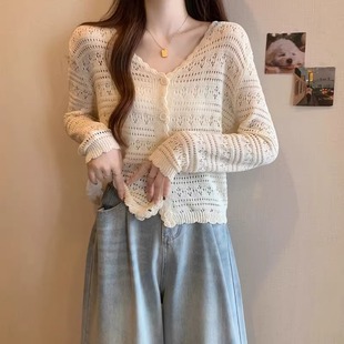 Ice Silk Sunscreen Knitted Cardigan Women's Summer Chubby Girls Large Size V-Neck Solid Color Thin Hollow Shawl Outer Short Jacket
