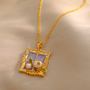 Purple Oil Painting Pendant Middle Baroque Pearl Necklace Women's Light Luxury Small New Chinese Style National Style Clavicle Woolen Chain