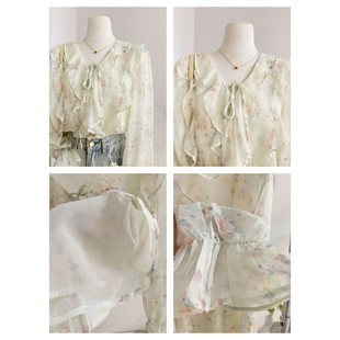 French Floral Chiffon Shirt Long-sleeved Shirt Women's Autumn Design Sense Age-reducing Elegant Lace-up Ruffled Shirt Top