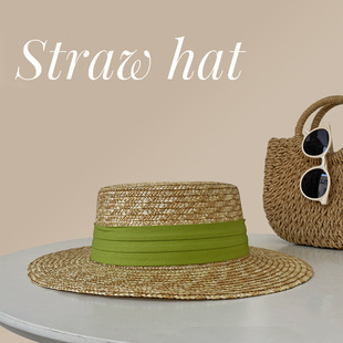 Straw Hat Women's Summer Seaside Flat Top Sunscreen Sunshade Hat Beach Fisherman Hat Seaside Photograph Straw Woven Hat