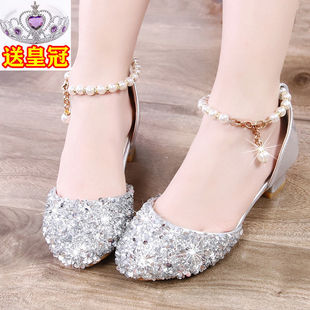 Girls High Heels 2024 Spring and Autumn New Crystal Dress Small Leather Shoes Princess Women's Treasure Soft Bottom Performance Children's Shoes