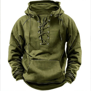 2024 Spring and Autumn New Men's Hooded Solid Color Sweatshirt European and American Youth Sports Multi-Pocket Leather Sweatshirt Tooling