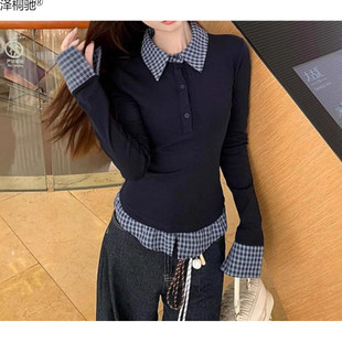 2025 Tibetan Blue Collar Fake Two-piece Base Shirt Women's Spring New Interior Design Sense Fashionable Slim-fit Top