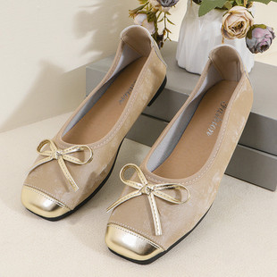 Square head flat bottom casual shoes women's 2024 autumn new European and American foreign trade plus size color matching bow comfortable mother