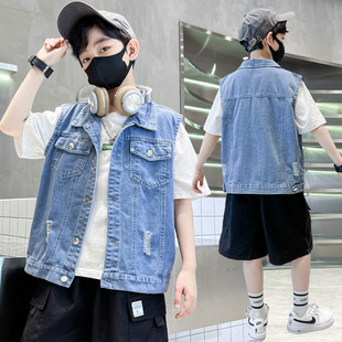 Boys' Denim Vest Thin Spring and Summer Children's Vest Coat 2024 Spring and Autumn Clothes Large Children's Jeans Waistcoat