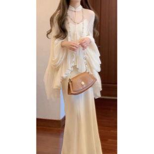 Spring rich family daughter new Chinese style stand collar big swing fairy style upper collar suspender dress fishtail dress suit