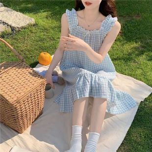 2025 New Sweet Princess Style Summer Sling Sleeveless Nightgown Home Pajamas Women's Home Cute Nightgown for Outer Wear
