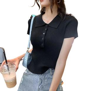 Ice Silk T-shirt Women's Short Shirt Collar Polo Shirt Tight Short Sleeve Pullover Base Shirt Solid Color T-shirt