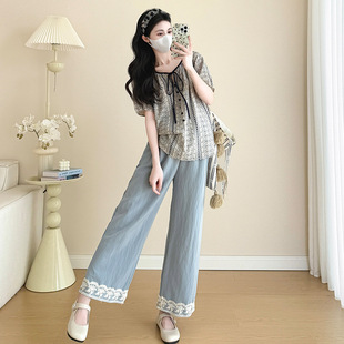 Real Shot Maternity French Style Elegant Floral Shirt Loose Short Sleeve Doll Shirt Lace Casual Pants