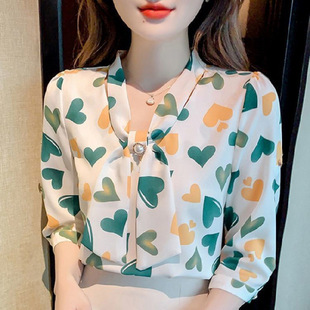 Floral Chiffon Shirt Top Women's 2022 New Spring and Summer Western Style Western Style Small Shirt Belly Covering Beautiful Fashionable Shirt
