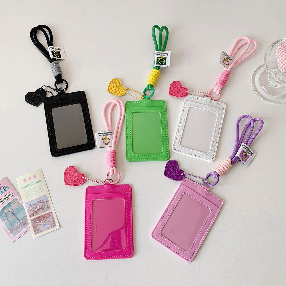 Solid Color Pu Id Card Holder K-Style Heart Pendant Double Card Slot Work Id Student Access Card Bus Card Meal Card