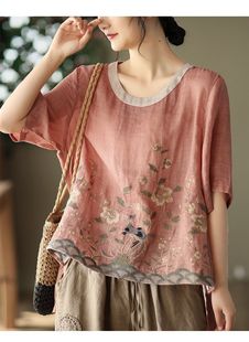 2022 new style ancient heavy industry embroidery cotton and linen color matching round neck cotton and linen pullover T-shirt for women