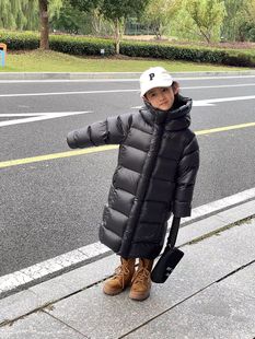 New Children's Black Gold Long Down Jacket White Duck Down Jacket Knee Thickened Winter Clothes for Boys and Girls Hooded Bread Clothes