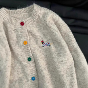 Source Factory Dopamine Sweet Crewneck Colored Button Puppy Embroidered Long Sleeve Sweater Cardigan Women 2024 Autumn New
