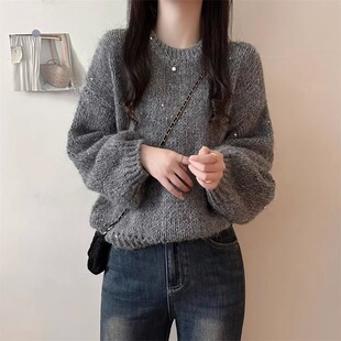 Lazy Style Korean Style Round Neck Sequin Sweater Base Shirt Women's Autumn and Winter 2024 New All-match Loose Slim-fit Inner Top