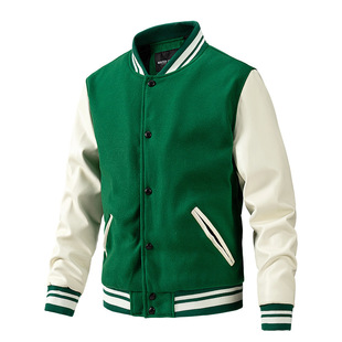 Cross-border Jacket Men's Autumn and Winter Fashion American Baseball Uniform Woolen PU Sleeve Men's Outwear Casual Outerwear Export Men's Clothing