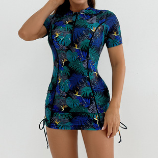 2025 cross-border new Amazon swimsuit women's printed short sleeve women's sports suit Europe and the United States surfing clothing wholesale