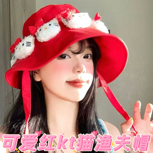 Hellokitty Red Fisherman Hat Summer Strap Sun Protection Cute Sweet Girl Sunshade Y2Kkt Cat Uv Protection