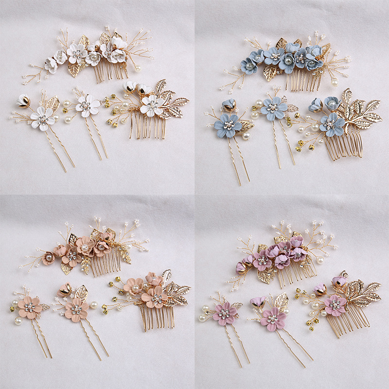 Bridal Set Hair Comb Hairpin U-Shaped Hairpin Hair Styling Tool Rhinestone Flower Bridal Headpiece European and American Hair Accessories