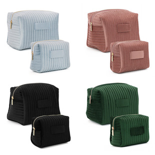 in stock New Cross-border Hot Velvet Cosmetic Bag Striped Soft Skin-friendly Large Capacity Skin Care Storage Bag
