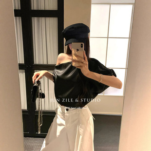 Old Money Style Fashion Trendy Women's Puff Sleeve Satin Design Off-Shoulder Top High-Waisted Wide-Leg Suit Pants Long Pants
