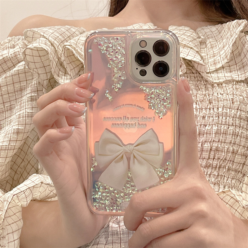 Bow-knot diamond quicksand case for Apple iPhone 17 Pro Max, iPhone 13/14, 16cm drop-proof, 2-piece set for women.