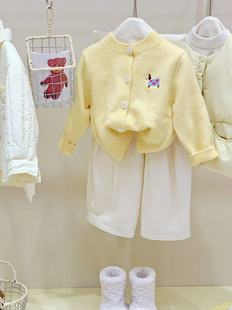 Children's Dachshund Embroidered Sweater Cardigan 2024 Autumn and Winter New Korean Children's Wear Girls Yellow Knitted Sweater Jacket