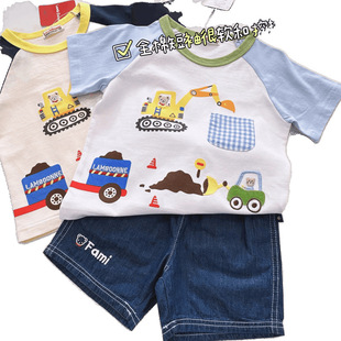 2025 Summer Kidsren's Cotton Short Excavator Patch Printed Boys and Girls Baby Short-Sleeved 95 Cotton T-Shirt