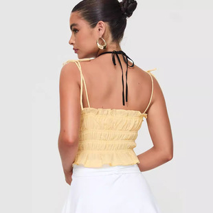 Cross-border AliExpress New Summer Women's Elegant Simple Tube-top Ruffled Lace-up Short Stitching Sling Top